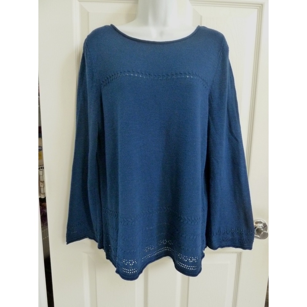 Chico's Blue Lightweight Flared Sleeve Pullover Sweater Rolled Neck Size 2 L
